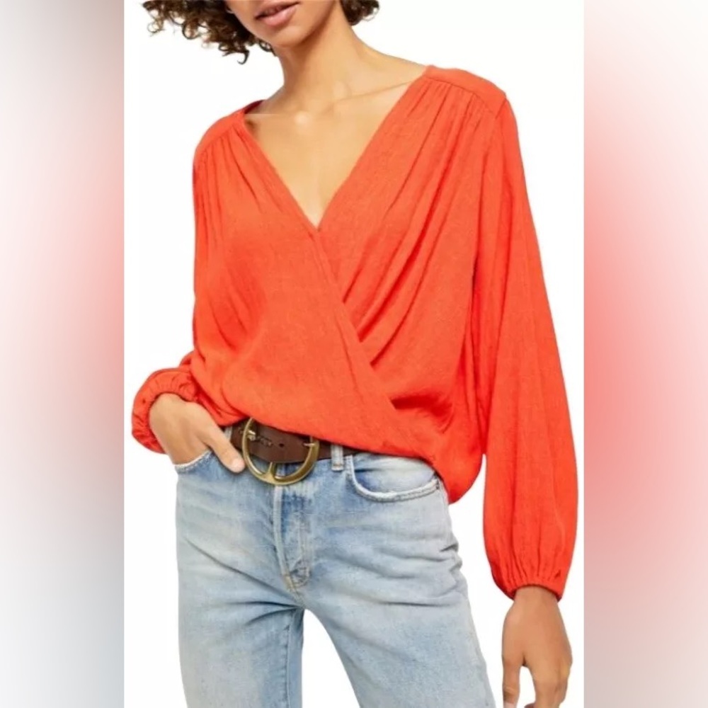 Free people Check On It Wrap Top Blouse Bright orange coral color.